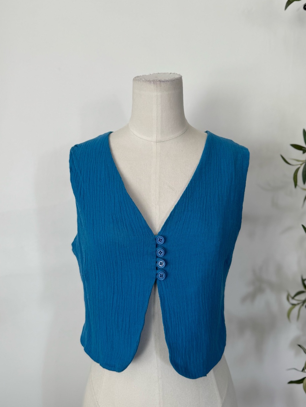 Commense Blue Linen Cotton Button Front Vest Size S Coastal Minimalist